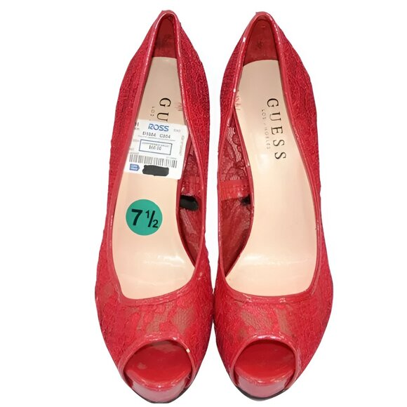 Guess Holiday Christmas Red Lace Toe Pin-Up Platform Party Stilettoes Heels 7.5 - Picture 8 of 8
